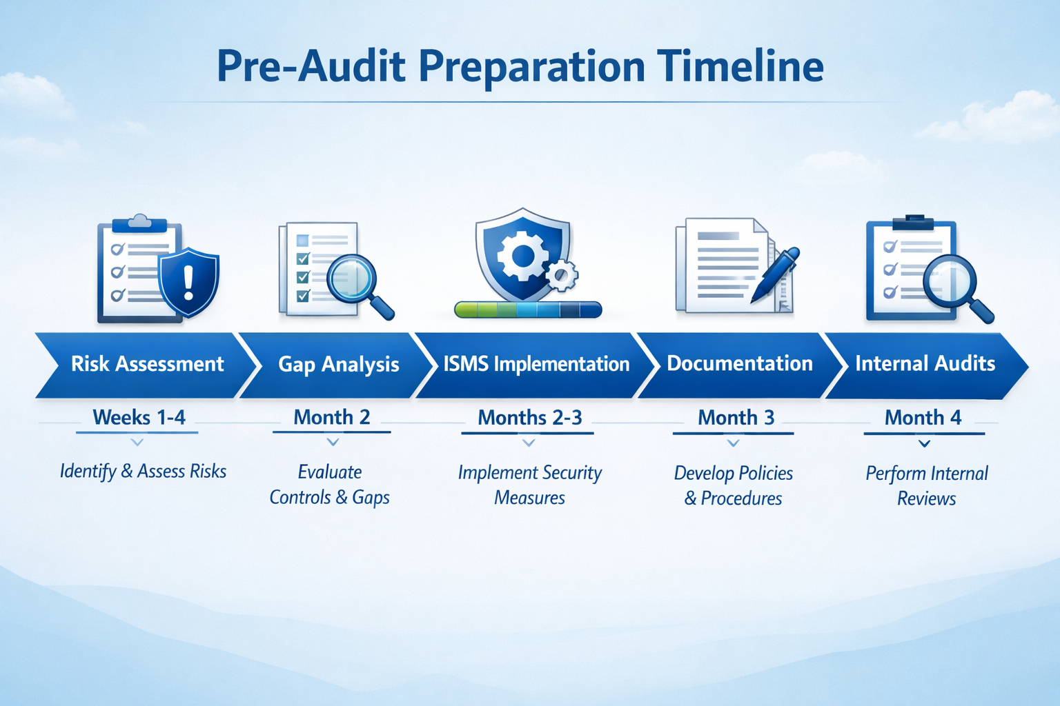 Detailed landscape format (1536x1024) infographic showing the pre-audit preparation phase timeline spanning 4 months, featuring a horizontal