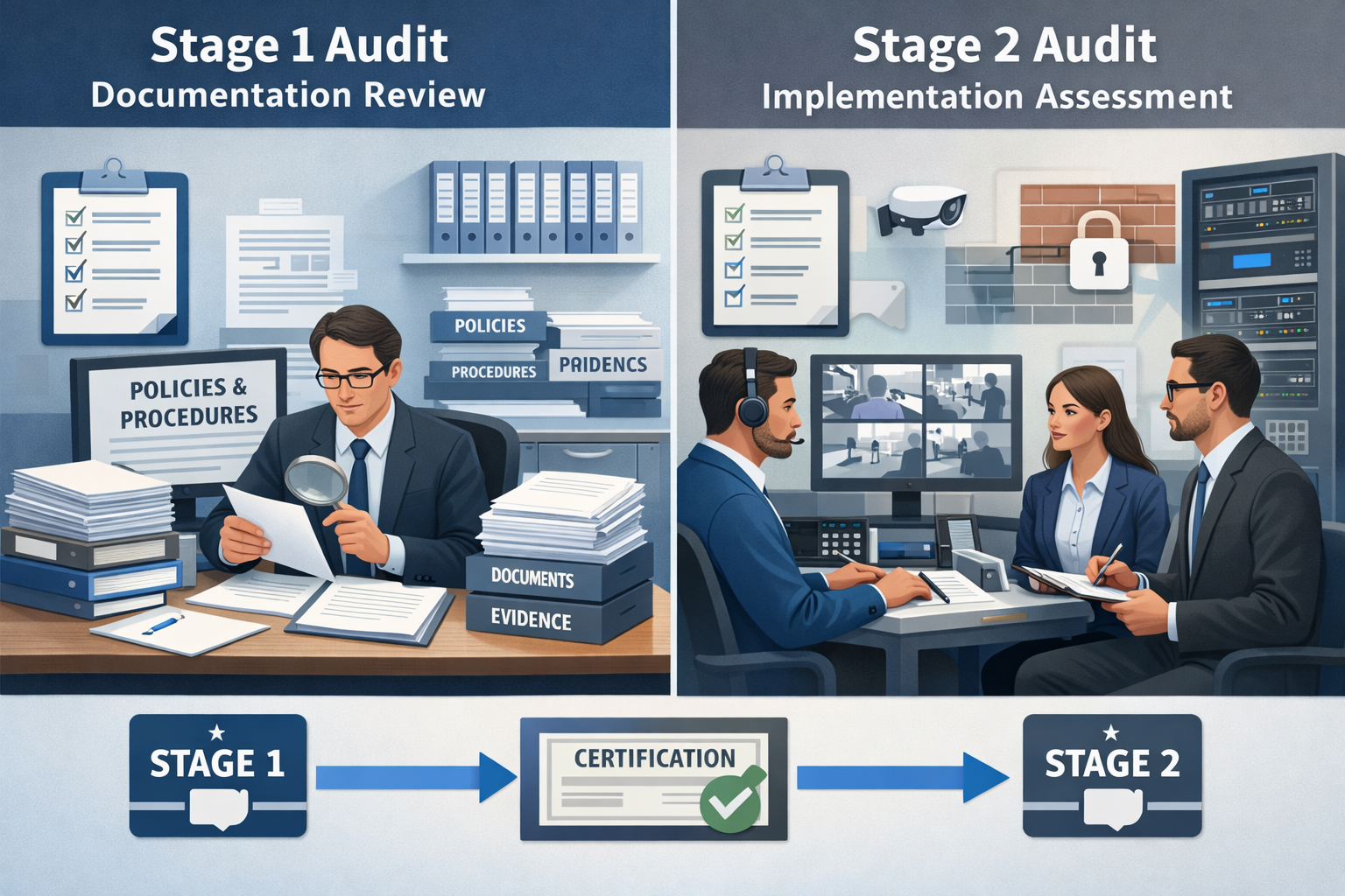 Detailed landscape format (1536x1024) split-screen illustration comparing Stage 1 and Stage 2 audits, left side showing Stage 1 documentatio